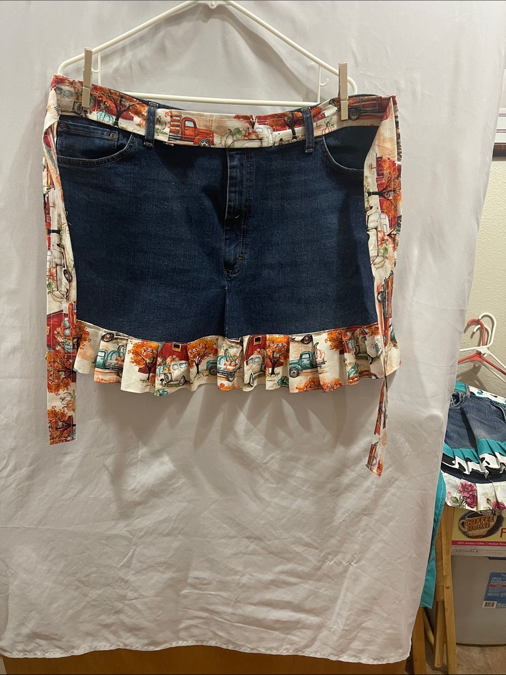 Denim Mini Skirt with Printed Ruffle Trim - Dark Blue